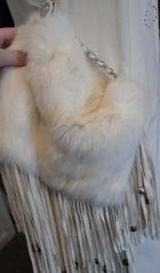 Custom WHITE LEATHER Fur Trim Fringe JACKET CAPE Dress HANDBAG Purse 