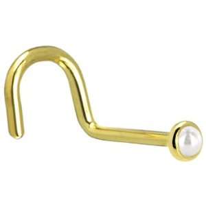 Solid 14KT Yellow Gold 2mm Akoya Pearl Right Nostril Screw  20 Gauge