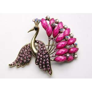   Rose Crystal Rhinestone Feather Bird Peacock Costume Brooch Jewelry