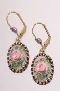 Michal Negrin Authentic Vintage Rose Print Dangling Earrings w Red 