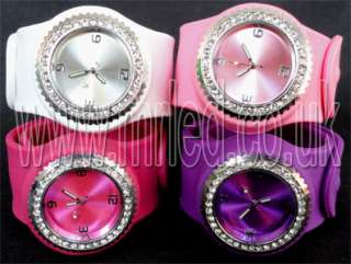 NEW Snap / Slap Silicone Rubber Watch w Diamonds BLING   Plastic 