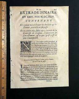 Very EARLY Rare 17th Century1644 Paris France Newspaper  