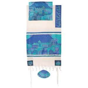  Jerusalem Gate in Blue Cotton and Silk Tallit Prayer Shawl 