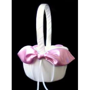   Wedding Bridal Ivory Flower Girl Basket with Pink Satin Bow and Ribbon