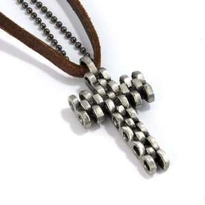   Brown Synthetic Leather Necklace and Silver grey Alloy Ball Bead Chain