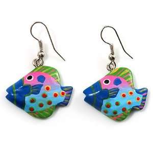   Wood Fish Drop Earrings (Blue, Pink & Green)   3.5cm Length: Jewelry
