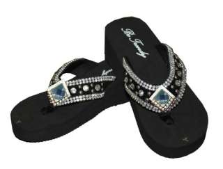 Big Bling Square Sandals Rhinestone Country Western Flip Flops Sizes 5 