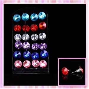  Concise Mix Color Round Shape Rhinestone Earrings 12 Pairs 