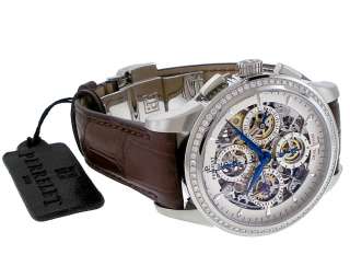 Perrelet Skeleton Dial Diamond Bezel Chronograph Leather Mens Watch 