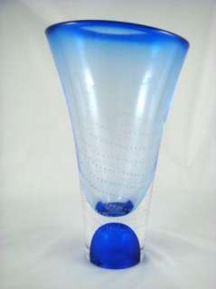 Kosta Boda Goran Warff Signed Modern Blue Crystal Vase  
