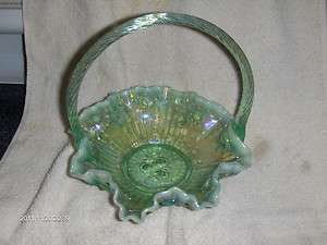 BEAUTIFUL FENTON BASKET IRIDESCENT GREENS BLUISH  