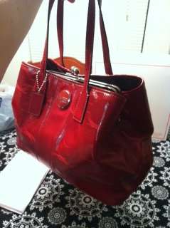 NEW WITH TAGS Red Signature Stitched Patent Leather Coach Purse 