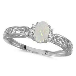  Oval Opal and Diamond Filigree Antique Style Ring 14k 