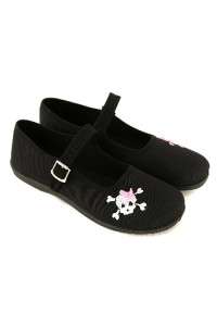 Cute Skull Pink Bow Black Mary Jane Shoes Flats Size 6  