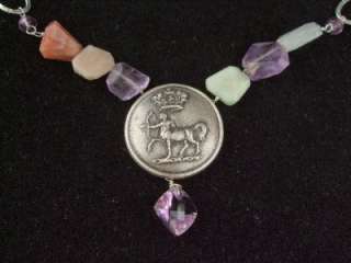 Silver Vintage Centaur Crown Medalion Amethyst Necklace  