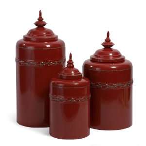    Set of 3 Lidded Red Metal Kitchen Storage Canisters