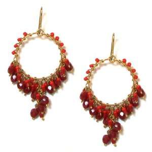   Glance Designs Goldtone and Red Bead Fringe Hoop Earrings: Jewelry