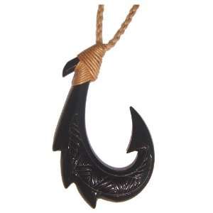    Hawaiian Jewelry Black Bone Carved Fish Hook Necklace Jewelry
