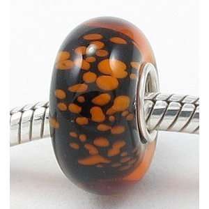 A34 Funky Black with Orange Splatters European Murano Style Glass Bead 