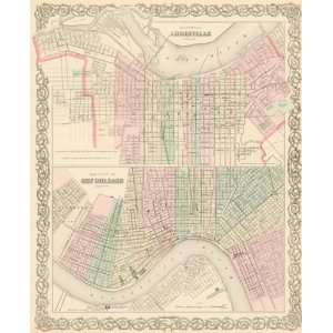   1855 Antique Street Map of Louisville & New Orleans