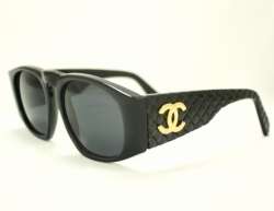 CHANEL Sunglasses Black Matelasse 01450 91235 Quilted CC Gold Vintage 