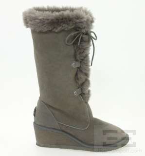   Sheepskin Suede Shearling Lined Lace Up Wedge Boots, Size 9  