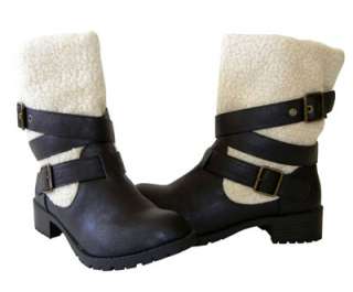 Trendy Shearing Shaft Buckle Straps Slip in Combat Ankle Boots Brown 