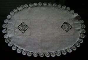 Vtg Linen Tray Doily Cloth Set Schiffli Lace Embroidery  