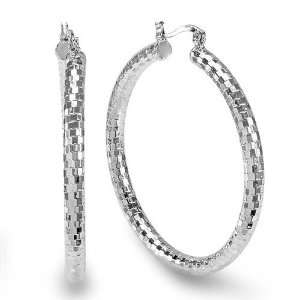 Platinum Look Rhodium Plated Shiny Small Diamond Cut Hoop Earrings (1 