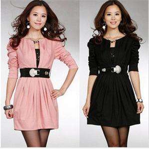 Elegant pleated long sleeve career cotton outfit dress  