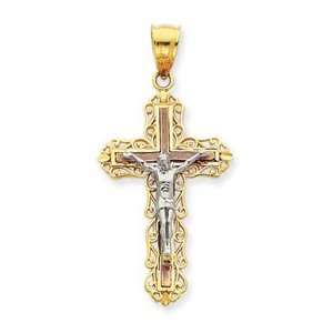  14K Tri Color Diamond Cut Crucifix Pendant: Jewelry