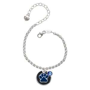 Royal Blue Paw on Black Disc Silver Plated Brass Charm Bracelet with 