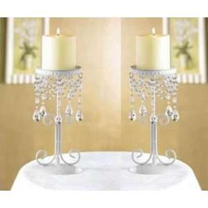  2 IVORY White Beaded Crystal Pillar Candle Holder Pair 