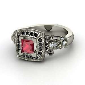 Dauphine Ring, Princess Ruby 14K White Gold Ring with Black Diamond 