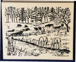 Northwoods rubber stamp Horses Cows Pasture Stream  