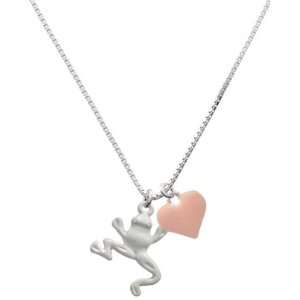 Large Matte Silver Tree Frog and Pink Heart Charm Necklace 