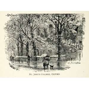 1906 Wood Engraving Saint Johns College Oxford Trees Baptist 