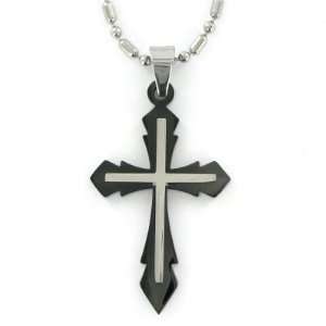 Stainless Steel Cross Necklace in Black Pointed and Inner Cross Design 