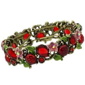   Style Red Flowers, Crystals and Stones Stretch Bangle Bracelet Elegant