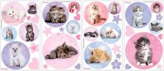 Baby KITTY CATS POLKA DOTS WALL STICKERS Girls Kittens Pink Purple 