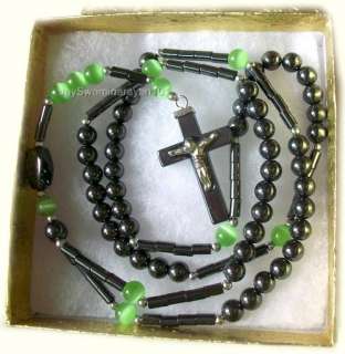 Black Hematite Green Cats eye Beads Rosary Necklace 25  