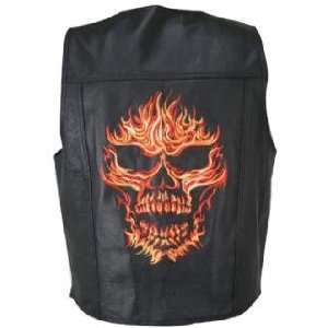   Red Flaming Skull Embroidered Leather Vest Sz S