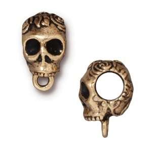  22K Gold Plated Pewter Large 6mm Hole Skull With Roses 