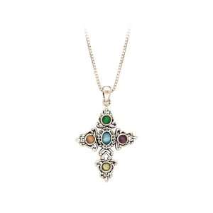 Sterling Silver Multicolor Stone Cross Pendant with Chain 