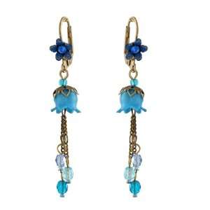 Michal Negrin Dangle Earrings with Hand Painted Lilys, Beads and Blue 