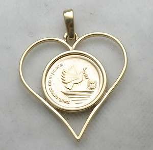 Estate 14k gold HEART Israeli Coin Dove Peace Pendant  