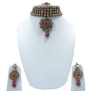   Traditional Pink Color Necklace Earring Maang Tikka Set Jewelry India