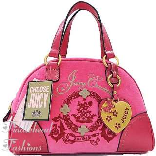 Juicy Couture Bowler Bag Pink Velour ~FLOWER CREST~ Tote w/Butterfly 
