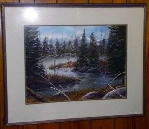 Watercolor Forest Landscape w/ Deer ~ Sign Lambert  