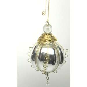  Round Silver Glass Kugel Christmas Ornament with Brass 